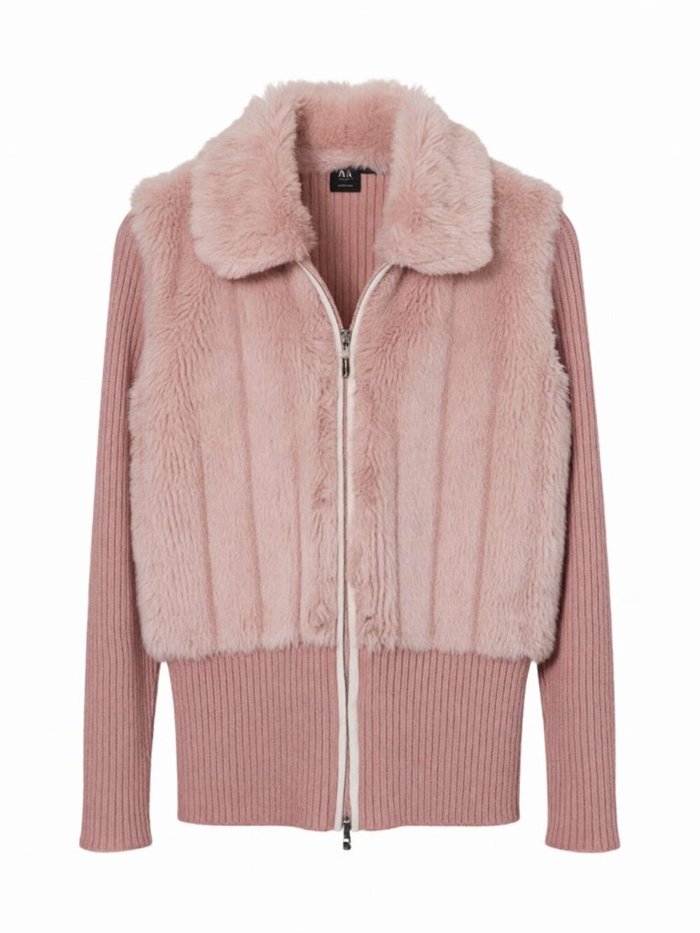 Capri Pink Faux Fur Zip-Up Cardigan Sweater Women's M Ramie Blend